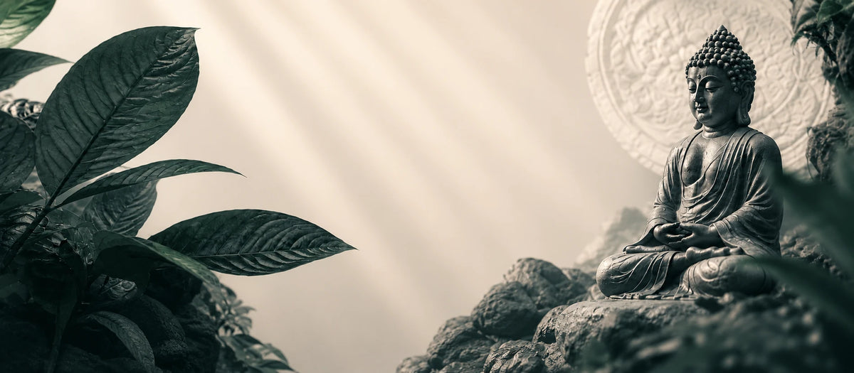 Misty forest scene with a stone Buddha statue, reflecting Kratomvia's calm and considered approach to sourcing