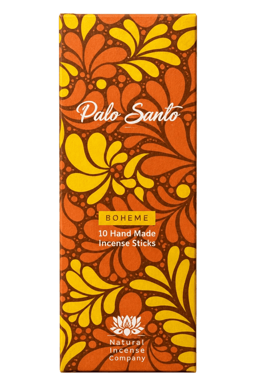 A tall rectangular box of Palo Santo incense sticks with a bold retro floral pattern in orange, yellow, and brown. The box features the text 'Palo Santo', 'BOHEME', '10 Hand Made Incense Sticks', and the 'Natural Incense Company' logo at the bottom.