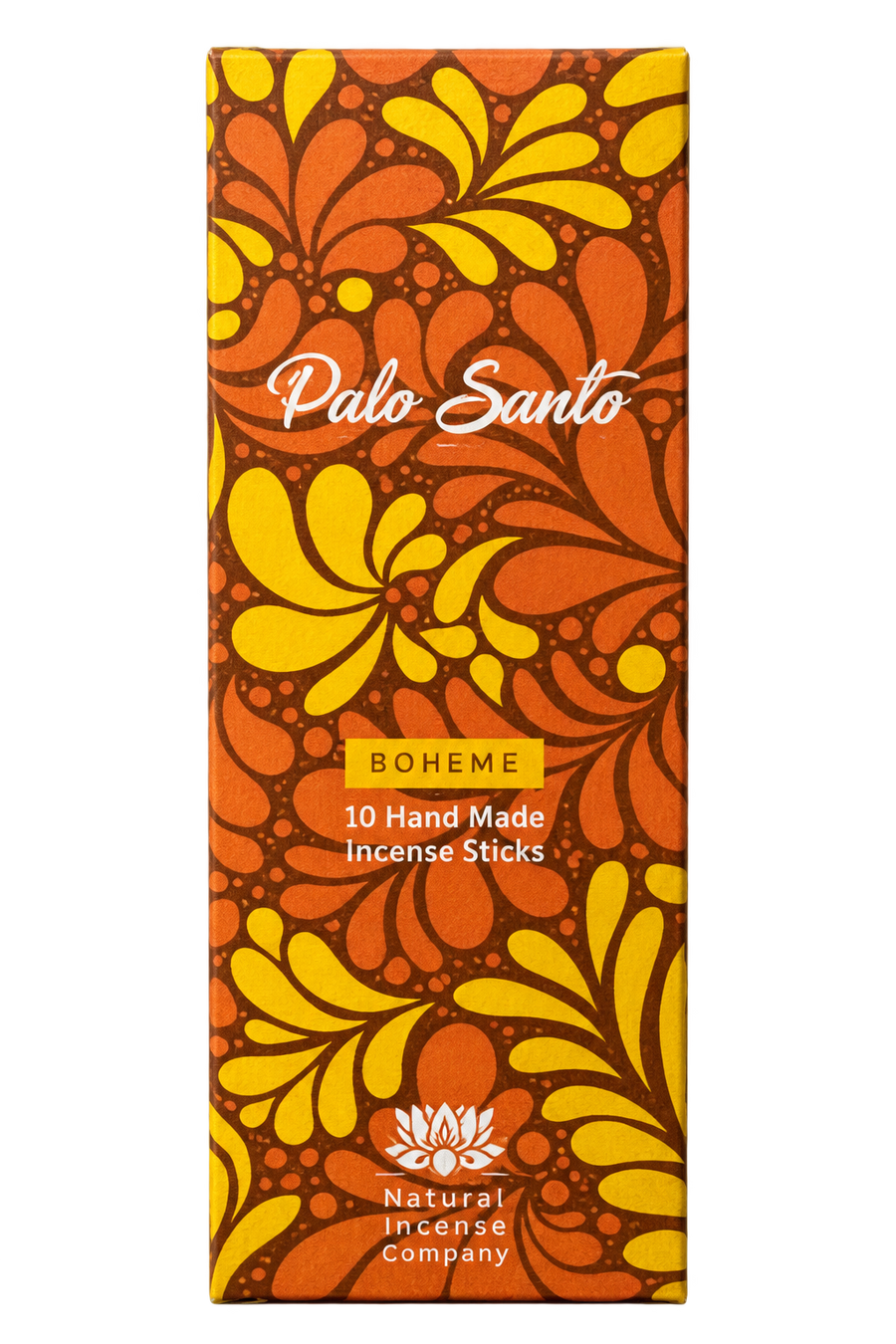 A tall rectangular box of Palo Santo incense sticks with a bold retro floral pattern in orange, yellow, and brown. The box features the text 'Palo Santo', 'BOHEME', '10 Hand Made Incense Sticks', and the 'Natural Incense Company' logo at the bottom.