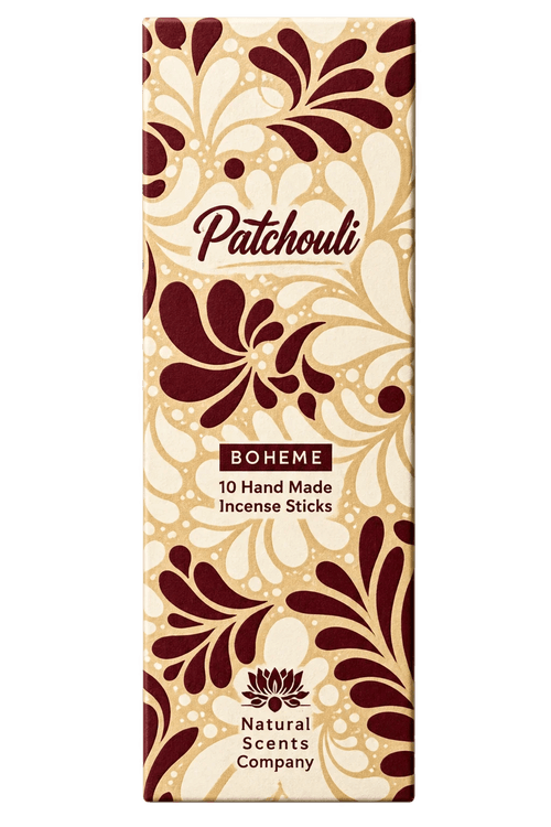 Patchouli Boheme incense stick box by Natural Scents Company, featuring a cream and dark burgundy floral pattern with the brand name 'Patchouli' and scent name 'BOHEME' printed on the front.